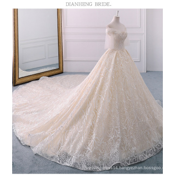 Off shoulder Pearls Vintage lace Champagne wedding Dresses bridal gown 2018 with long train